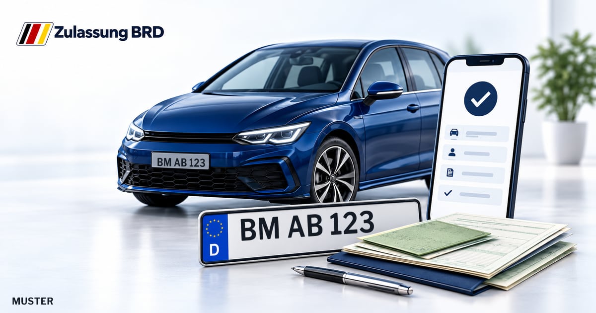 Online Fahrzeugzulassung in Kerpen: Musterkennzeichen BM AB 123, Auto und Fahrzeugpapiere und Smartphone. Illustration mit Logo von Zulassung BRD.